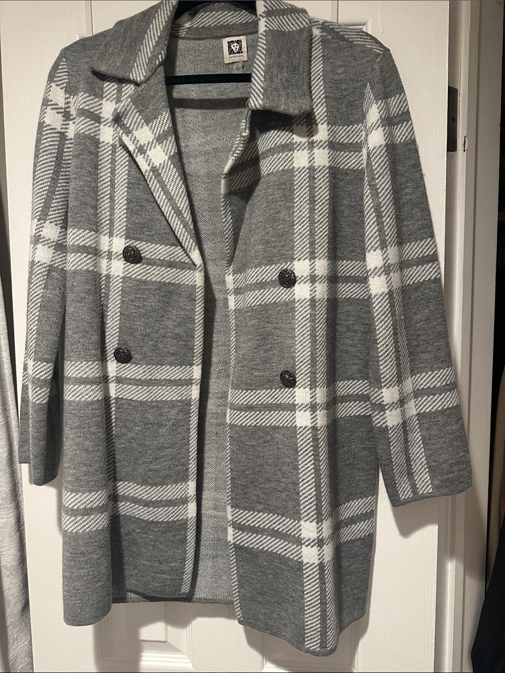 Anne Klein Gray and White Plaid Double-Breasted Pea Coat